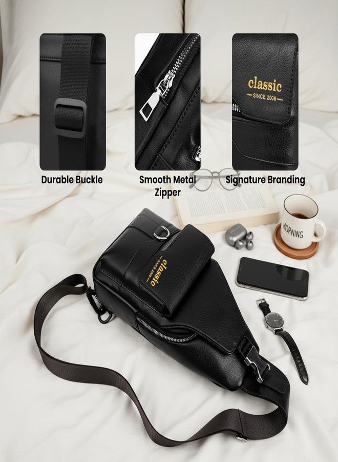 TECPHILE Classic 2008 PU Leather Sling Bag, Adjustable & Detachable Straps, 4 Storage Sections, Front Access Pocket, Key Chain Holder, Durable & Stylish, Unisex (Black) - Image 3